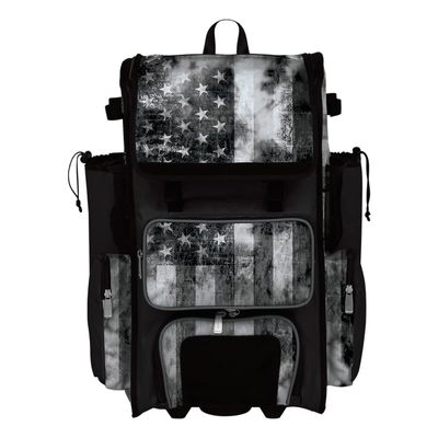 Boombah Rolling Superpack 2.0 Baseball/Softball Gear Bag - 23-1/2" x 13-1/2" x 9-1/2" - USA Old Glory Black Ops Black/Charcoal/White - Telescopic Handle - Holds 4 Bats - Wheeled Version