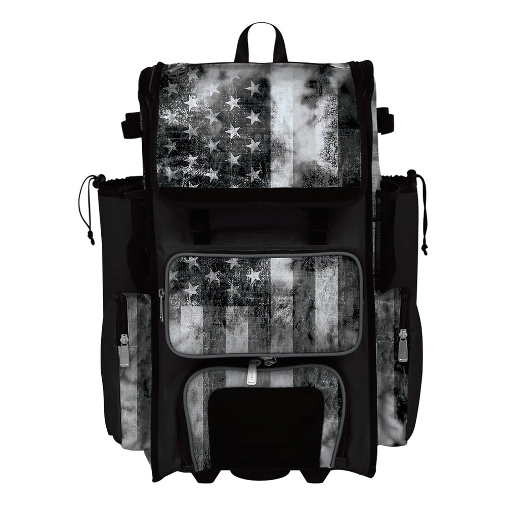 Boombah Rolling Superpack 2.0 Baseball/Softball Gear Bag - 23-1/2" x 13-1/2" x 9-1/2" - USA Old Glory Black Ops Black/Charcoal/White - Telescopic Handle - Holds 4 Bats - Wheeled Version