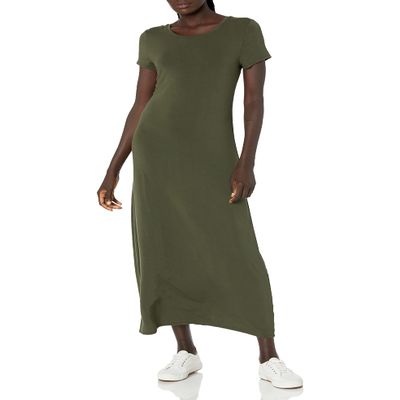 Amazon Essentials Women's Short-Sleeve Maxi Dress, Flowy, Dark Olive, Small