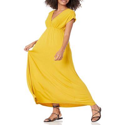 Amazon Essentials Women's Waisted Maxi Dress (Available in Plus Size), Dark Yellow, Large
