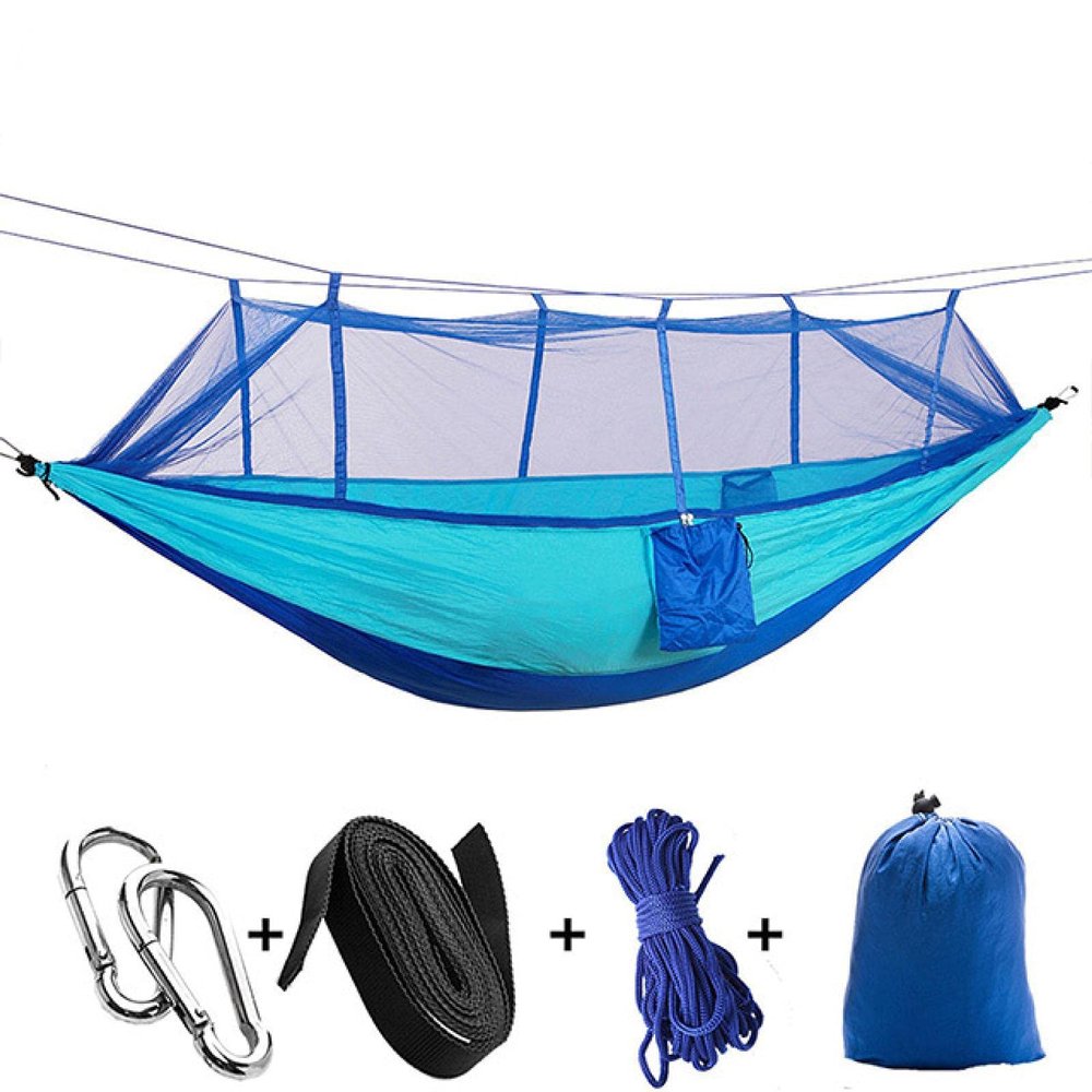 Camping Hammock Swing with Mosquito nets Double Hammock Ultra Light Outdoor Hunting Travel Portable Hammock Tent Sky Blue and Blue