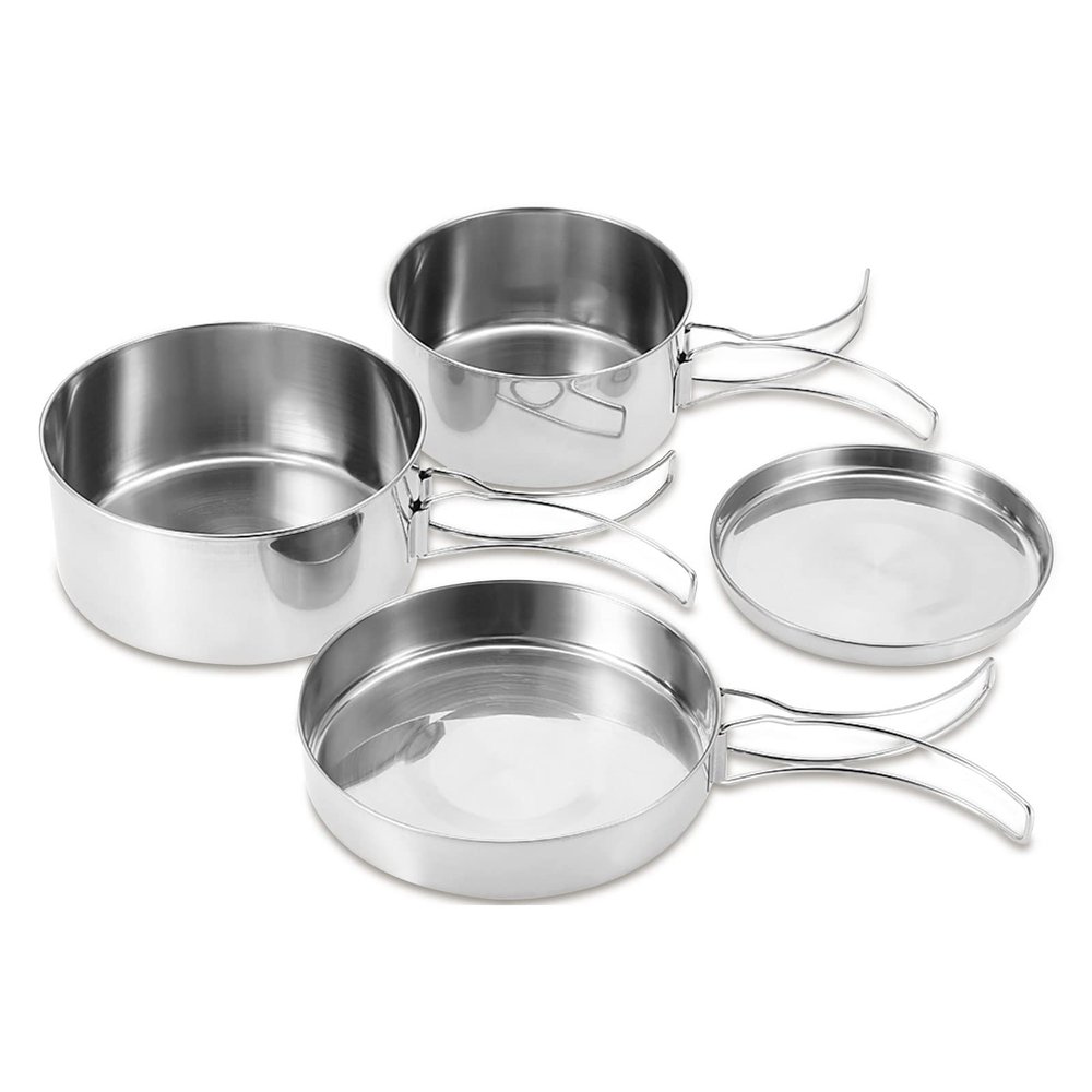 Camping Cookware Set, 4Pcs Stainless Steel Mess Kit with Foldable Handles, Portable Backpacking Cookware, Non-Stick Pots and Pans for Camping, Hiking & Outdoor Cooking