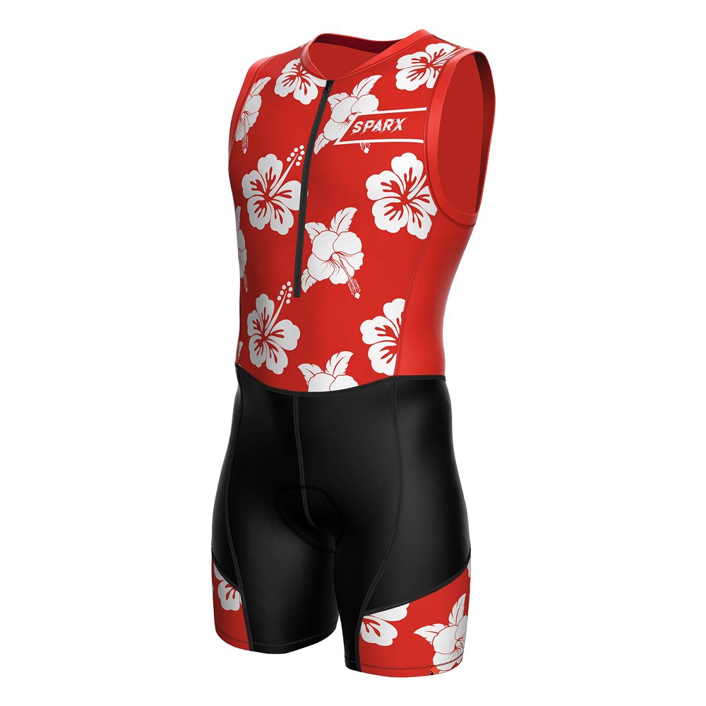 Sparx Men`s Triathlon Suit Trisuit Race Skinsuit Cycling Speed Suit Italian Fabric Swimskin (Red Hisbiscus, 2XL)