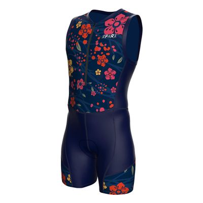 Sparx Men`s Triathlon Suit Trisuit Race Skinsuit Cycling Speed Suit Italian Fabric Swimskin (Navy Floral, 2XL)
