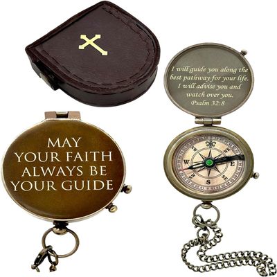 Personalized Inscription Antique Brass Compass Engraved with Leather Case Son Mom Children Gift Baptism Birthday Working Compass (Personalized)