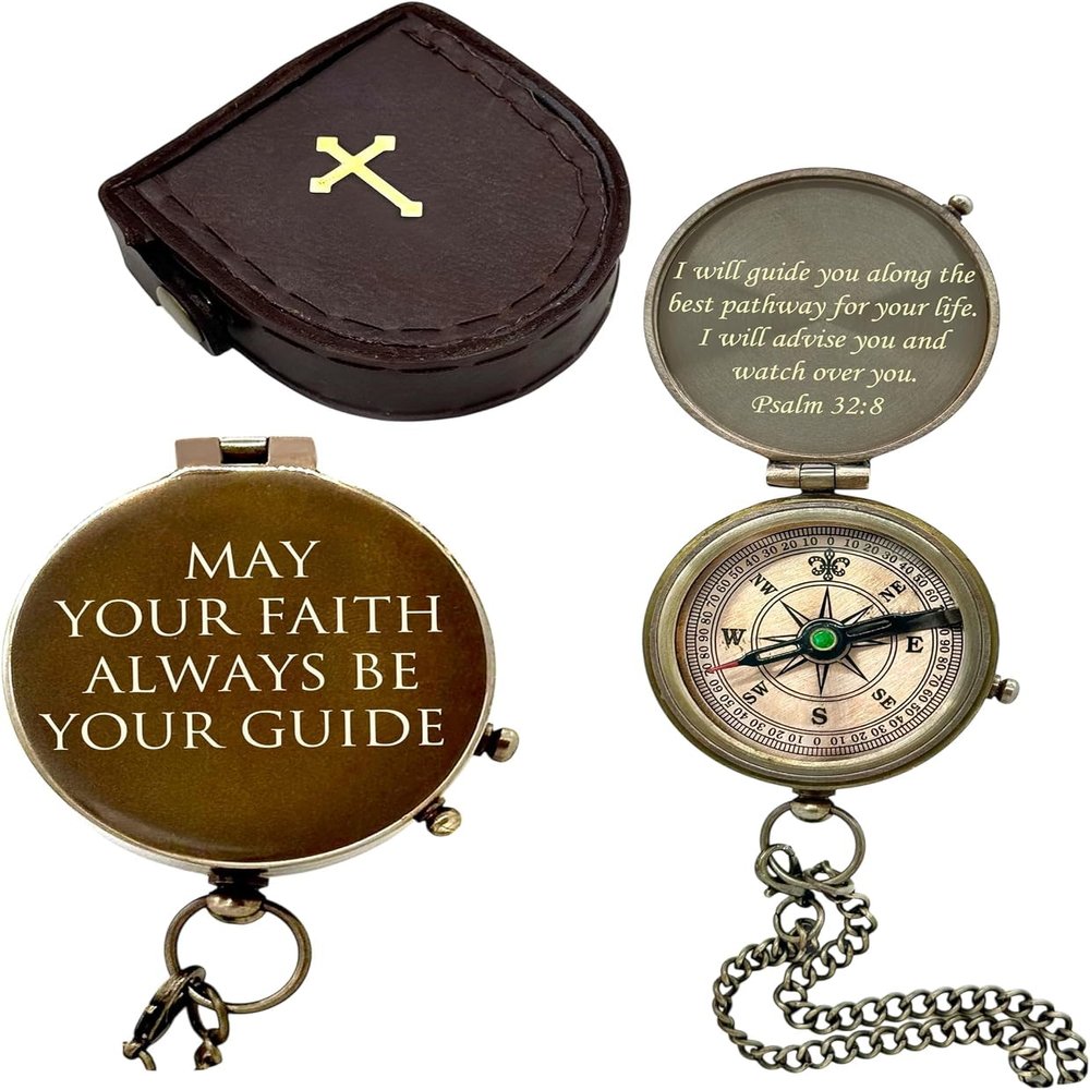 Personalized Inscription Antique Brass Compass Engraved with Leather Case Son Mom Children Gift Baptism Birthday Working Compass (Personalized)