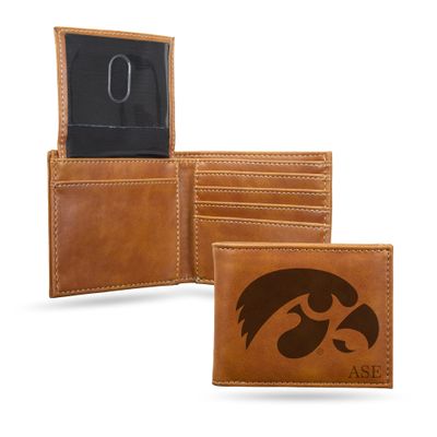Rico Industries NCAA Iowa Hawkeyes Brown Personalized/Custom Laser Engraved Billfold Wallet - Slim/Light Weight - Great Gift