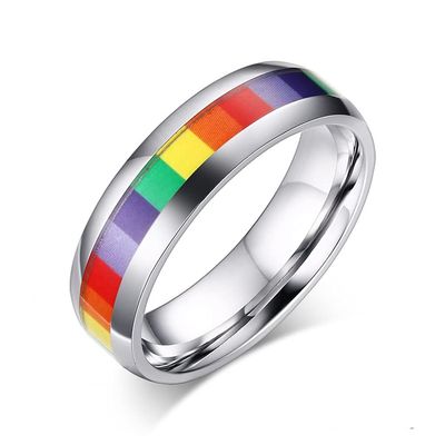 6mm Wide Square Rainbow LGBT Pride Band Rings Chuky Thick Black Enameled Stainless Steel Eternity Promise Statement Engagement Couple Rings Love is Love Finger Knuckle Rings Boyfriend Girlfriend Christmas Valentines Gifts (Silver, 12)