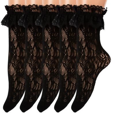 Cherisia 5 Pairs Women Ruffle Ankle Socks Trim Lace Frilled Dress Socks Set, Princess Fashion Cute Anklet (Pure Black Rose)