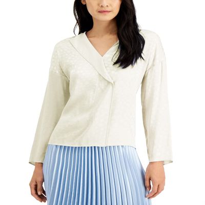 Alfani Women's Blouse Jacquard Dotted V-Neck Foldover Beige XL