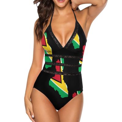 BAIKUTOUAN Guyana Flag Map Swimsuit Women V Neck Halter Tummy Control Bathing Suits Swimwear 2XL
