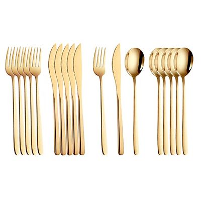 Silverware Set, 18pcs Dinnerware Set 304 Stainless Steel Cutlery Black Gold Camping Tableware Reusable Korean Utensils Spoon Fork Knife Travel BY ZZYY (Color : Gold)