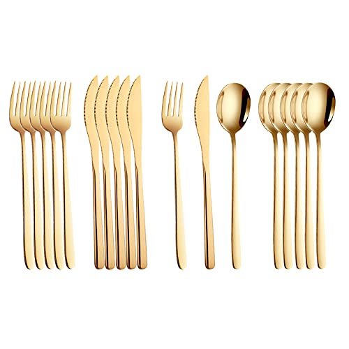 Silverware Set, 18pcs Dinnerware Set 304 Stainless Steel Cutlery Black Gold Camping Tableware Reusable Korean Utensils Spoon Fork Knife Travel BY ZZYY (Color : Gold)