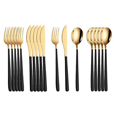 Silverware Set, 18pcs Dinnerware Set 304 Stainless Steel Cutlery Black Gold Camping Tableware Reusable Korean Utensils Spoon Fork Knife Travel BY ZZYY (Color : Black gold)