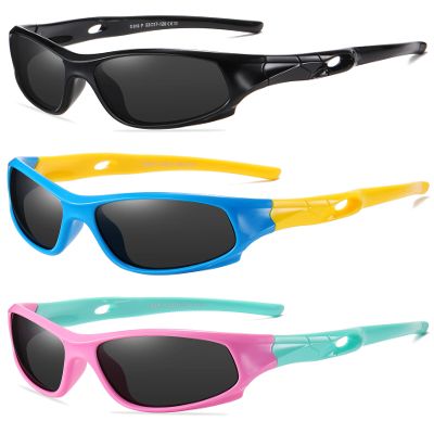 DYLB 3 Pack Flexible Kids Polarized Sunglasses For Boys Girls With Strap, Sport Sunglasses for Children Age 3-10. (Black+Blue Yellow+Pink Green)