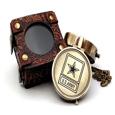 5MoonSun5's US Army Engraved Brass Military Compass Nautical Marine Compass for Army Person Survival Navigation Compass for Hiking Camping Hunting with Leather Display Case