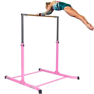 Pro-Gymnastics Gymnastics Training Bar Kip Bar Horizontal Bar Professional Junior Gymnastic High Bar Asymmetric Bar 13 Level Height Adjustable Expandable 3 to 5 FT Cushioned Bar & Curved Legs (Pink)