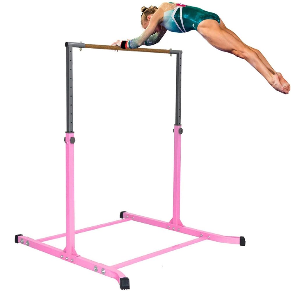 Pro-Gymnastics Gymnastics Training Bar Kip Bar Horizontal Bar Professional Junior Gymnastic High Bar Asymmetric Bar 13 Level Height Adjustable Expandable 3 to 5 FT Cushioned Bar & Curved Legs (Pink)
