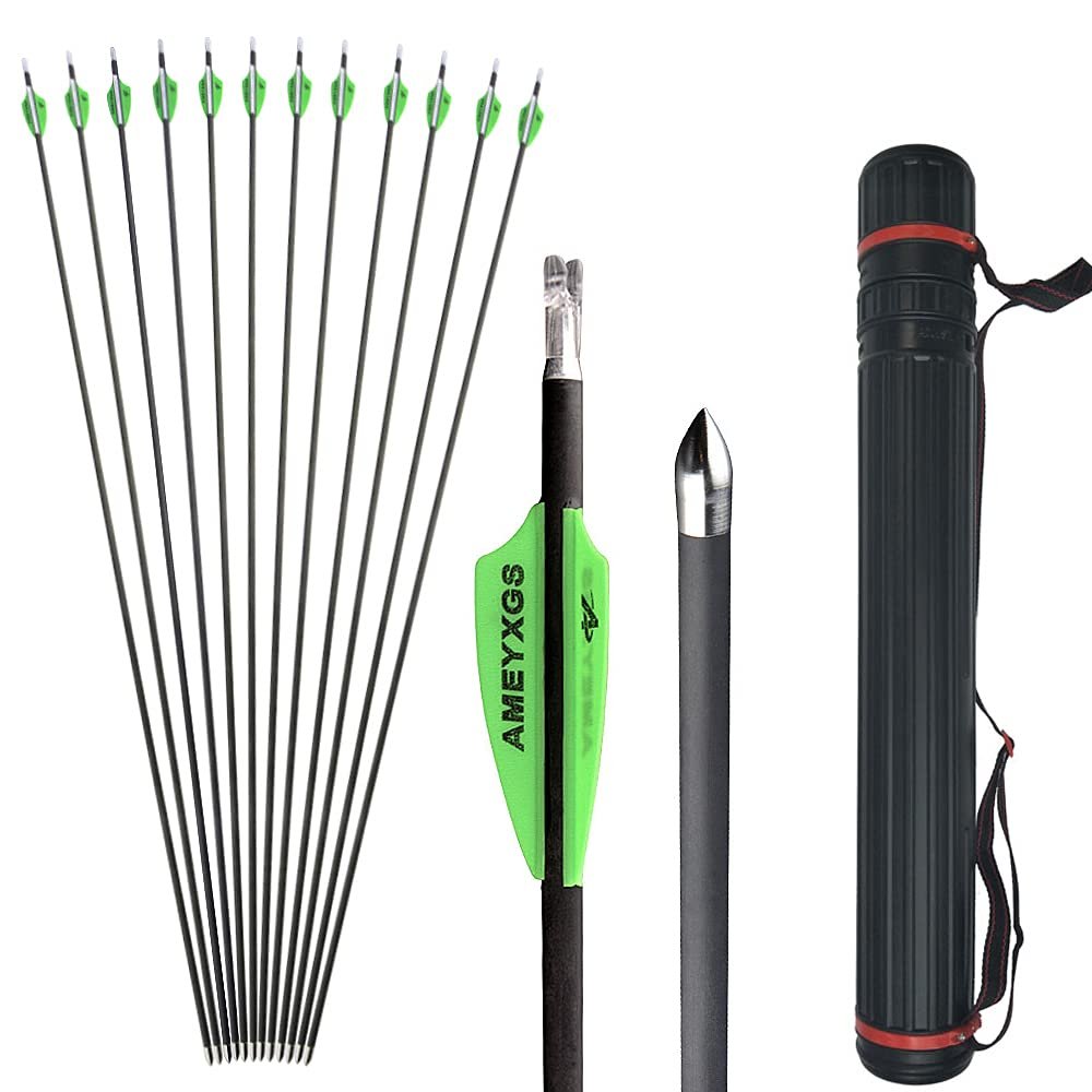 ZSHJGJR 31 Inch Carbon Arrows Archery Hunting Arrows Spine 600 with 80 Grain Arrow Point Hunting and Practice Arrows for Compound Bow Recurve Bow 6/12pcs (12pcs + Arrow Quiver)