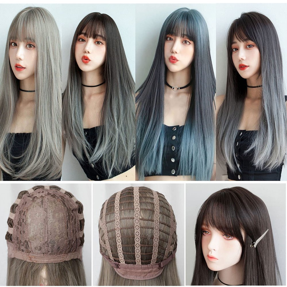 LesafeV Natural Straight Wig Machine Made Colorful Cosplay Wig Full Head Wear (60cm Grey)