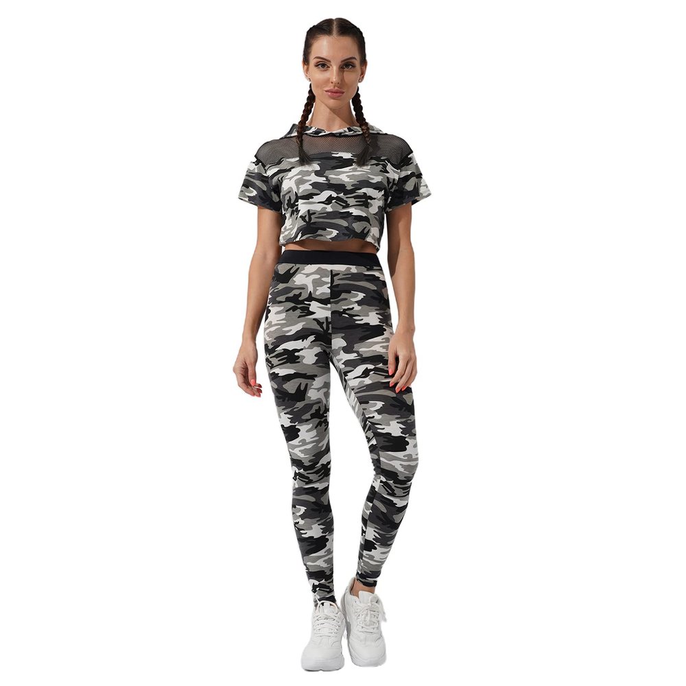 Moily Women Camo Print Hoodie Sweatsuits Mesh Sweatshirt Skinny Pants Set Jogger 2 Piece Tracksuit Gray Large