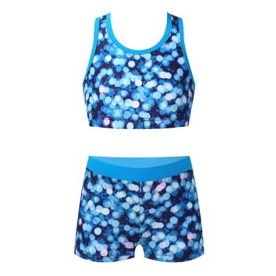 winying Kids Girls Printed Rash Guard Tankini Sport Crop Top + Swim Shorts Swimsuit Beach Summer Swimwear Blue 16