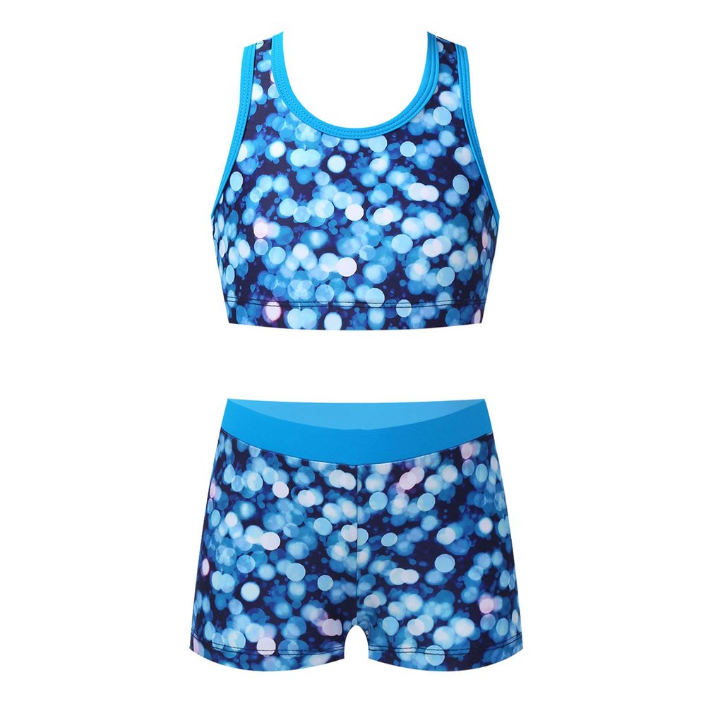 winying Kids Girls Printed Rash Guard Tankini Sport Crop Top + Swim Shorts Swimsuit Beach Summer Swimwear Blue 16