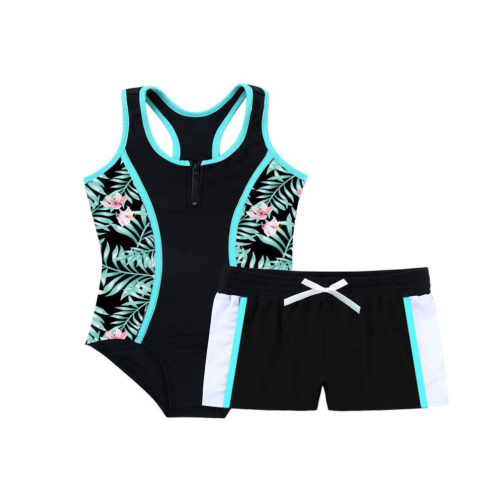 winying Kids Girls 3 Pieces Floral Print Tankini Bikini Set Swimsuit Crop Tops with Shorts Swimwear Bathing Suit Summer Lily Pink 6 Years
