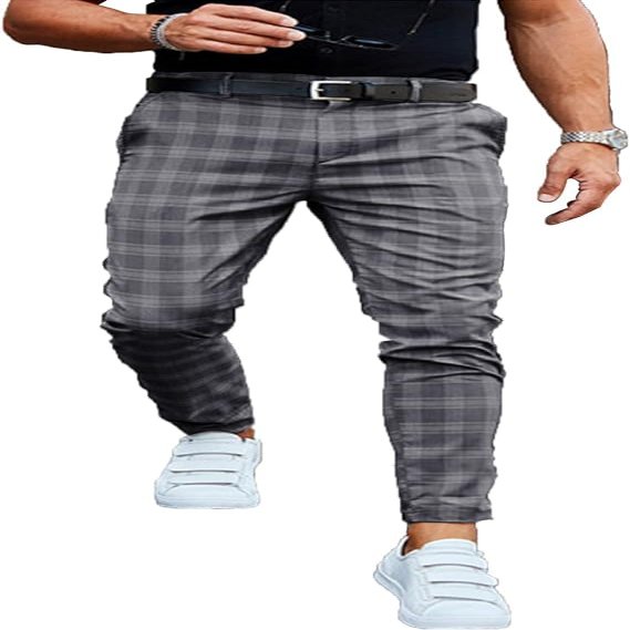 NineFit Basics Mens Traditional Plaid Chino Pants Slim Fit Casual Striped Slacks Loose Comfort Scottish Grid Trousers Dark Gray,XXLarge