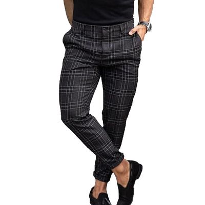 Generic Mens Traditional Plaid Chino Pants Slim Fit Casual Striped Slacks Loose Comfort Scottish Grid Trousers Black,XXLarge