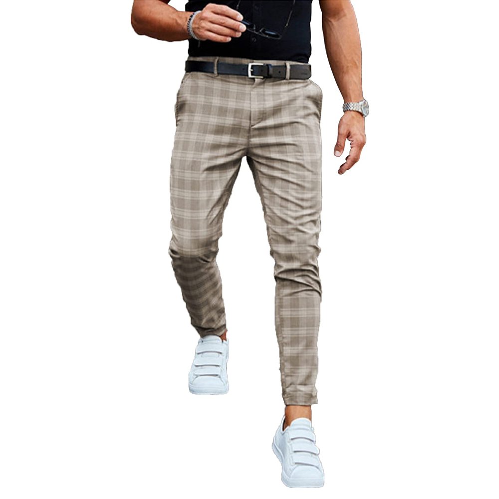 Generic Men's Traditional Plaid Chino Pants Slim Fit Casual Striped Slacks Loose Comfort Scottish Grid Trousers (Khaki,Medium)