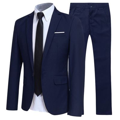 NineFit Basics Men's Casual 2 Piece Suit Slim Fit Suit One Button Formal Business Jacket Blazer Shawl Collar Formal Suits and Trouser (Navy Blue,Medium)