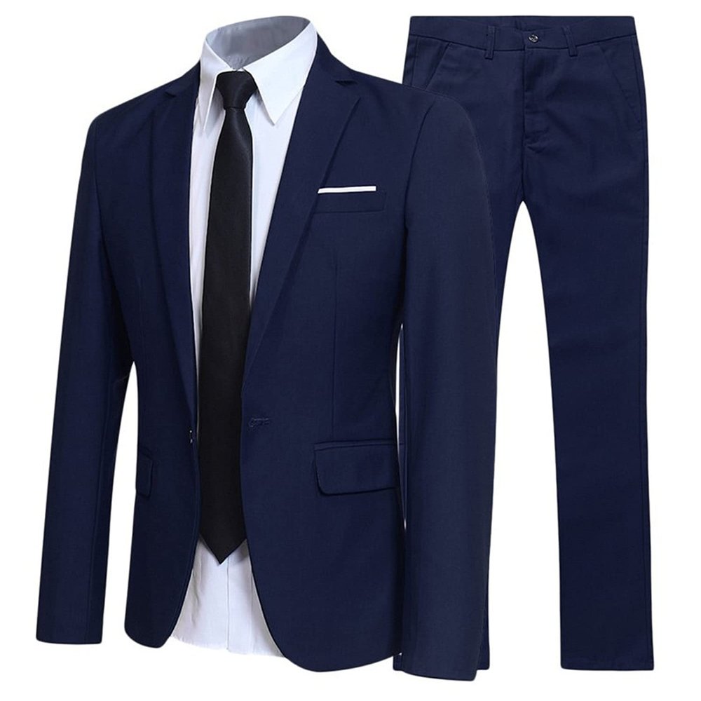NineFit Basics Men's Casual 2 Piece Suit Slim Fit Suit One Button Formal Business Jacket Blazer Shawl Collar Formal Suits and Trouser (Navy Blue,Medium)