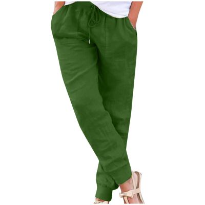 Maryia Women's Casual Comfy Pajama Pants Cotton Linen Drawstring Elastic Waist Regular Fit Palazzo Straight Trouser Green