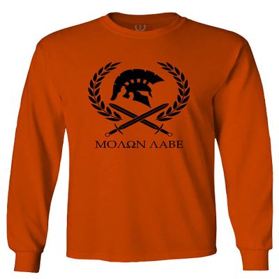 0143. Spartan Molon Labe Military Patriotic Greek Helment Graphic Men's Long Sleeve t Shirt (Orange Large)