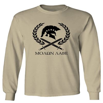 0143. Spartan Molon Labe Military Patriotic Greek Helment Graphic Men's Long Sleeve t Shirt (Beige X-Large)