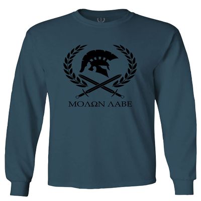 0143. Spartan Molon Labe Military Patriotic Greek Helment Graphic Men's Long Sleeve t Shirt (Indigo Blue X-Large)