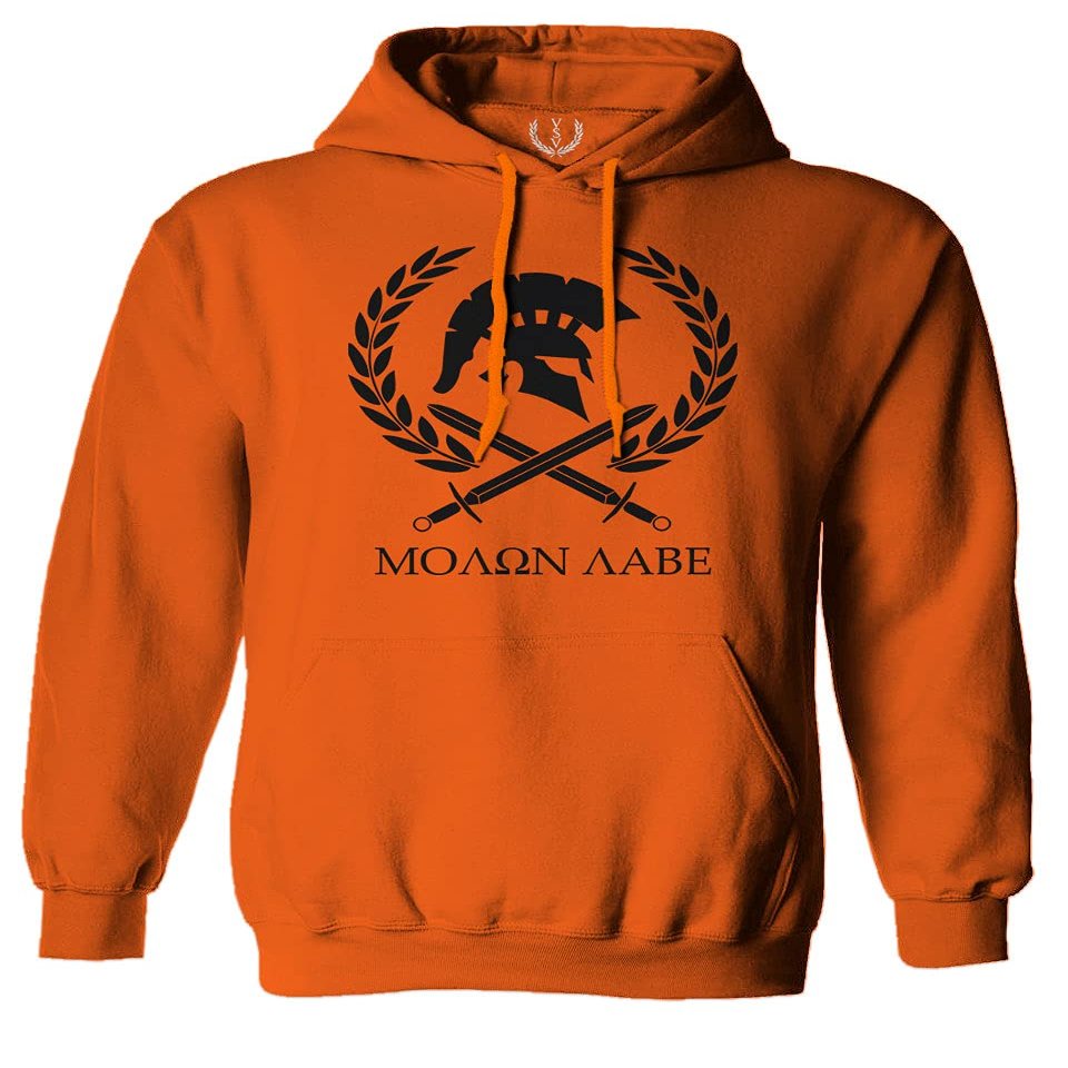 0143. Spartan Molon Labe Military Patriotic Greek Helment Graphic Sweatshirt Pullover Hoodie (Orange, Medium)