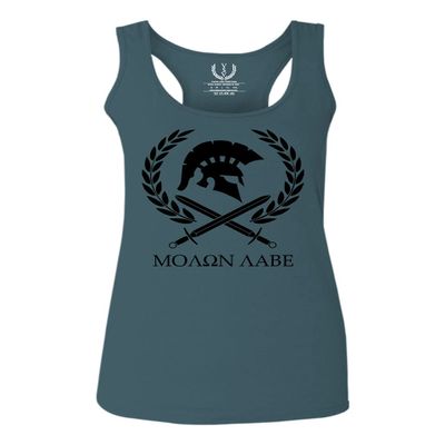 0143. Spartan Molon Labe Military Patriotic Greek Helment Graphic Women's Tank Top Racerback (Indigo Blue Large)