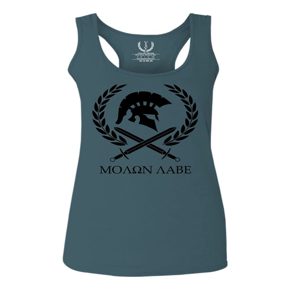 0143. Spartan Molon Labe Military Patriotic Greek Helment Graphic Women's Tank Top Racerback (Indigo Blue Medium)