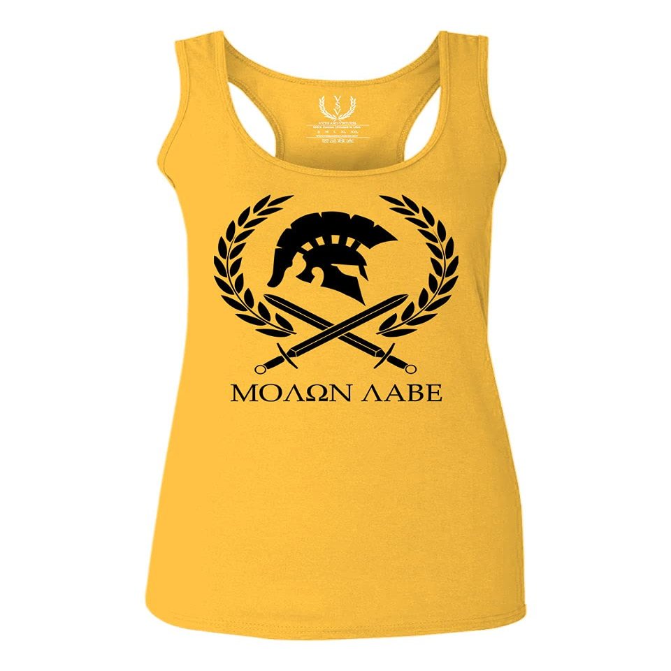 0143. Spartan Molon Labe Military Patriotic Greek Helment Graphic Women's Tank Top Racerback (Gold X Small)