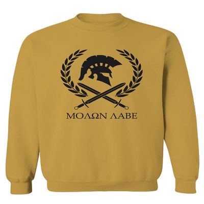 0143. Spartan Molon Labe Military Patriotic Greek Helment Graphic Men's Crewneck Sweatshirt (Gold Large)