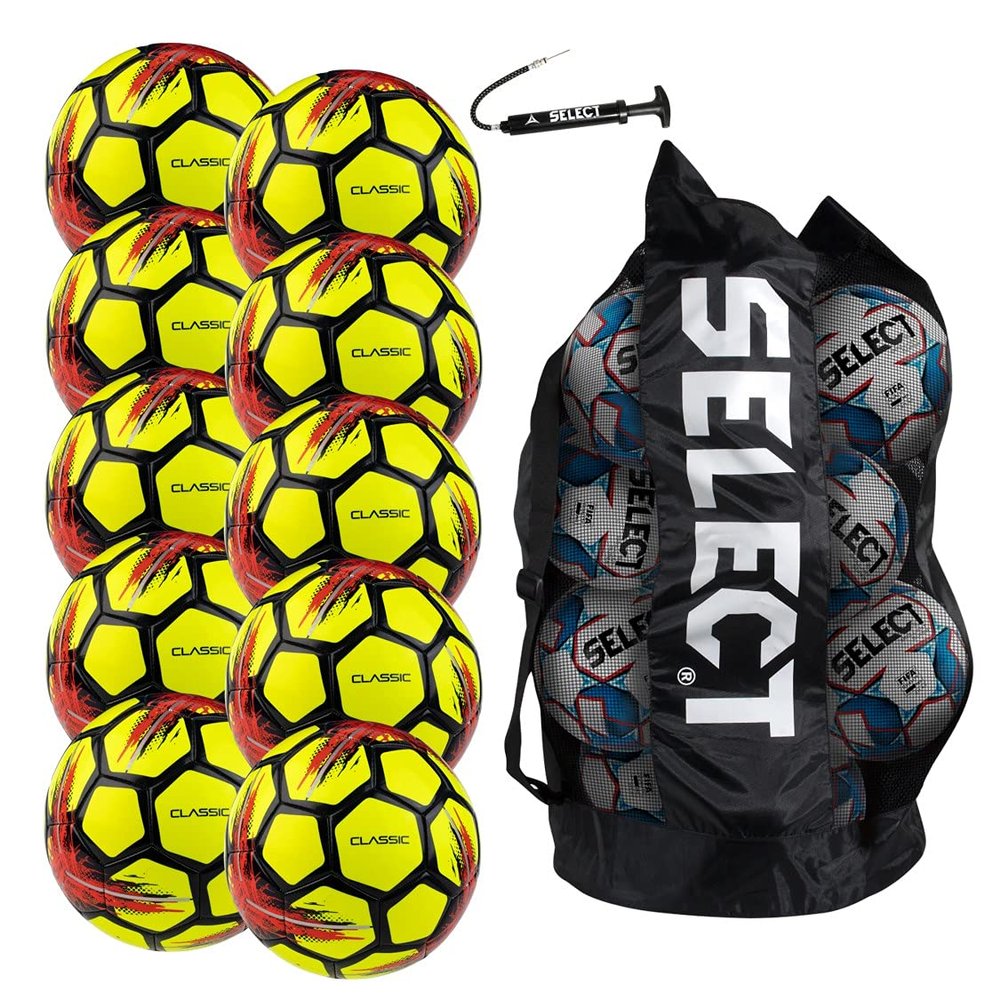Select Classic Soccer Ball, 10-Ball Team Pack with Duffle Ball Bag and Ball Pump, Yellow V21, Size 3