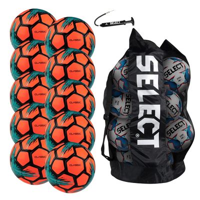 Select Classic V21 Soccer Ball, 10-Ball Team Pack with Duffle Ball Bag and Ball Pump, Orange, Size 3