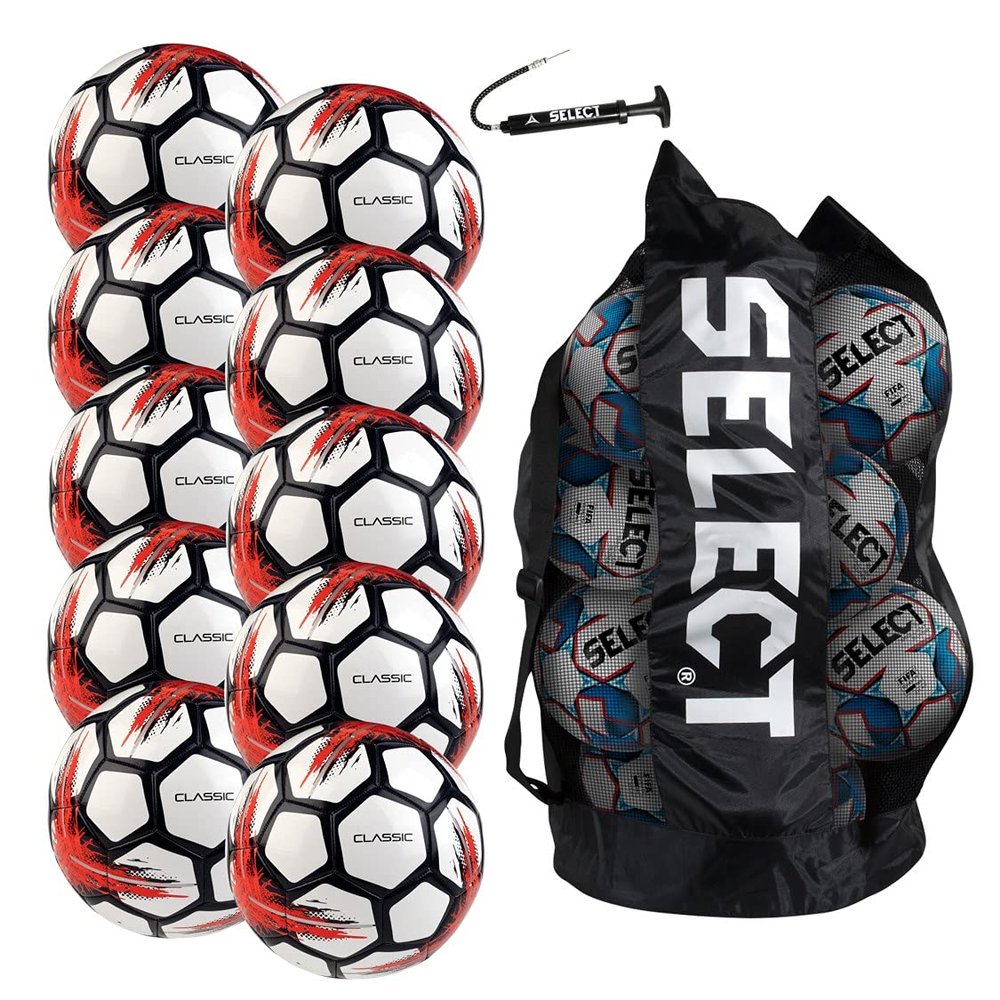 Select Classic V21 Soccer Ball, 10-Ball Team Pack with Duffle Ball Bag and Ball Pump, White, Size 3