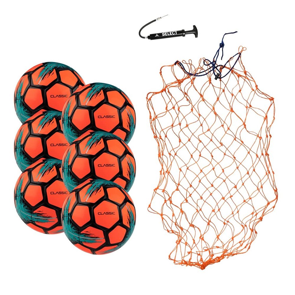 Select Classic V21 Soccer Ball, 6-Ball Team Pack with Ball Net and Ball Pump, Orange, Size 3