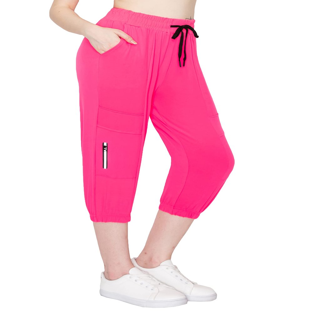ALWAYS Women's Capri Jogger Pants - High Waisted Soft Zipper Casual Sweat Pants Neon Pink S