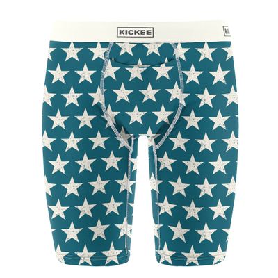 KICKEE Fourth of July Mens Long Boxer Brief Underwear, Silky Soft Printed Boxer Briefs for Men, Lightweight and Breathable (Vintage Stars - L)