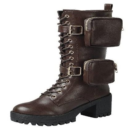 KK Pair Of Kings Chunky Heel Lug Sole Double Pocket Moto Chic Platform Combat Boot Amulet Lace Up Bootie (8, Brown-34)