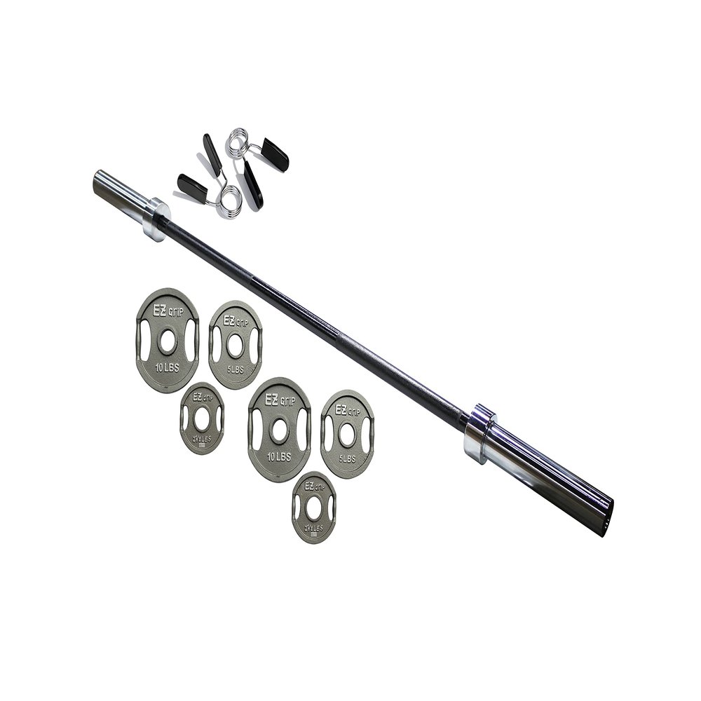 Ader 60'' Black OLY Bar w/Chrome Sleeves + 35lb Gray Grip Plate Set